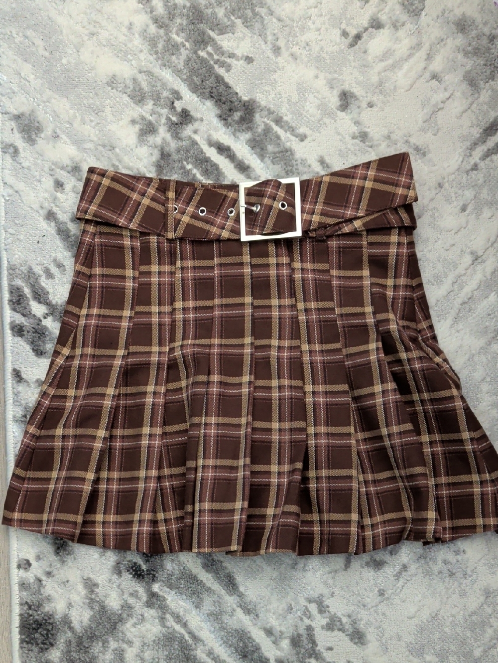 stradivarius Brown Plaid Pleated Mini Skirt with Belt